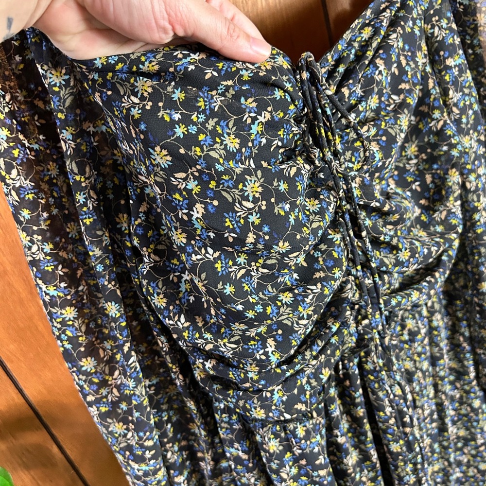 Petal + Pup Floral Maxi Dress Blue Yellow Ruched Tie Front Long Sleeve Size Boho - Picture 4 of 9